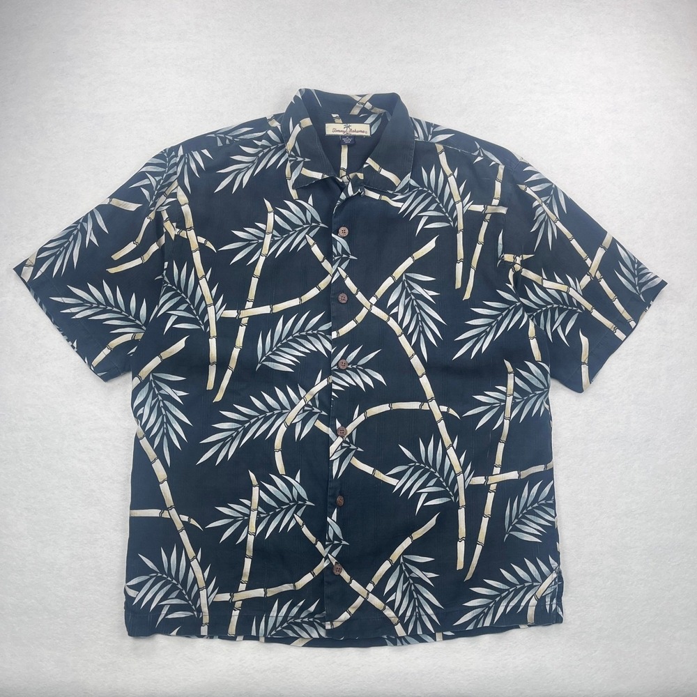 Tommy Bahama Mens Silk Bamboo Palm Print Camp Shirt Black Short Sleeve Medium - Picture 2 of 8